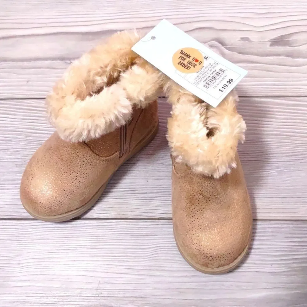 (77-4318) Cat & Jack Emani Zipper Slip-On Winter Boots Tan Sz 5